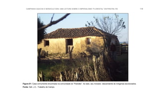 CAMPANHA GAÚCHA E MONOCULTURA: UMA LEITURA SOBRE O IMPERIALISMO “FLORESTAL” EM PIRATINI, RS 118
Figura 01: Casa comumente encontrada na comunidade do “Paredão”. Ao lado, seu morador, descendente de indígenas escravizados.
Fonte: Sell, J.C., Trabalho de Campo.
 