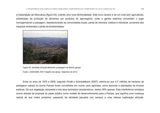 A RESISTÊNCIA DOS AGRICULTORES FAMILIARES CAMPONESES DO TERRITÓRIO DO ALTO CAMACUÃ, RS 149
a implantação da Silvicultura (figura 03), criando uma nova territorialidade. Este novo cenário é de um rural sem agricultores,
substituição da produção de alimentos por produtos do agronegócio, onde a gentes externos comandam o lugar
homogenizando a paisagem, desestruturando as comunidades locais; perda da memória coletiva e individual, aumentos dos
impactos ambientais e perda da biodiversidade.
Figura 03: atividade silvícola alterando a paisagem do Bioma pampa
Fonte: LOSEKANN, M.B.Trabalho de campo. Setembro de 2010.
Entre os anos de 1970 e 2005, segundo Picolli e Schnadelbach (2007), estima-se que 4,7 milhões de hectares de
pastagens nativas do bioma Pampa foram convertidos em outros usos agrícolas, como lavouras e plantações de árvores
exóticas. Da sua vegetação campestre e dos seus banhados característicos, restam 39% apenas. Esta interferência antrópica
ocorre através da proposta do poder público como modelo de desenvolvimento para o Pampa, que significa uma mudança
radical de sua matriz produtiva, passando da atividade pecuária nos campos a uma intensa exploração silvícola.
 