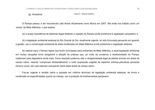 O PAMPA E A APA DO IBIRAPUITÃ: ESTRATÉGIAS E AÇÕES PARA A SUSTENTABILIDADE 39
(g) Amazônia Figura 01 – Biomas brasileiros
O Pampa passou a ser reconhecido pelo Brasil oficialmente como Bioma em 2007. Até então era tratado como um
„anexo‟ da Mata Atlântica, o que explica:
(a) a quase inexistência de diplomas legais federais a respeito do Pampa (onde predomina a vegetação campestre); e
(b) a legislação ambiental estadual do Rio Grande do Sul, atualmente vigente, ter sido formulada pensando em garantir
a gestão, uso e conservação ambiental de áreas localizadas em Mata Atlântica (onde predomina a vegetação arbórea).
Ao replicar para o Pampa regras que foram formuladas para ambientes de Mata Atlântica, a atual legislação ambiental
em muitas situações torna obrigatória a adoção de práticas que, ao invés de conservar a biodiversidade do Pampa,
colaboram para degradá-la ainda mais. Como exemplo podemos citar a obrigatoriedade legal de plantar árvores em áreas de
campo nativo, visando “compensar ambientalmente” o corte (supressão vegetal) de espécies arbóreo-arbustivas pioneiras
(Acacia caven, etc) que estavam avançando sobre estas áreas de campo nativo.
Faz-se urgente a revisão (séria e pautada em critérios técnicos) da legislação ambiental estadual, de forma a
contemplar as especificidades quanto ao manejo, uso e proteção da biodiversidade pampeana.
 