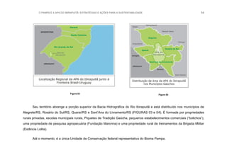 O PAMPA E A APA DO IBIRAPUITÃ: ESTRATÉGIAS E AÇÕES PARA A SUSTENTABILIDADE 54
Figura 03 Figura 04
Seu território abrange a porção superior da Bacia Hidrográfica do Rio Ibirapuitã e está distribuído nos municípios de
Alegrete/RS, Rosário do Sul/RS, Quaraí/RS e Sant‟Ana do Livramento/RS (FIGURAS 03 e 04). É formada por propriedades
rurais privadas, escolas municipais rurais, Piquetes de Tradição Gaúcha, pequenos estabelecimentos comerciais (“bolichos”),
uma propriedade de pesquisa agropecuária (Fundação Maronna) e uma propriedade rural de treinamentos da Brigada Militar
(Estância Lolita).
Até o momento, é a única Unidade de Conservação federal representativa do Bioma Pampa.
 