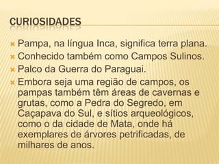 CURIOSIDADES
 Pampa, na língua Inca, significa terra plana.
 Conhecido também como Campos Sulinos.
 Palco da Guerra do Paraguai.
 Embora seja uma região de campos, os
pampas também têm áreas de cavernas e
grutas, como a Pedra do Segredo, em
Caçapava do Sul, e sítios arqueológicos,
como o da cidade de Mata, onde há
exemplares de árvores petrificadas, de
milhares de anos.
 