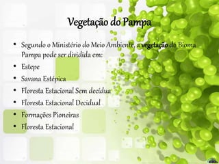Vegetação do Pampa
• Segundo o Ministério do Meio Ambiente, a vegetação do Bioma
Pampa pode ser dividida em:
• Estepe
• Savana Estépica
• Floresta Estacional Sem decídua
• Floresta Estacional Decidual
• Formações Pioneiras
• Floresta Estacional
 
