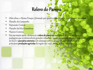 Relevo do Pampa
• Além disso, o Bioma Pampa é formado por quatro conjuntos que caracterizam seurelevo:
• Planalto da Campanha
• Depressão Central
• Planalto Sul-Rio-Grandense
• Planície Costeira.
• Em sua maior parte, destaca-se o relevode planícies, constituído de grandes áreas de
pastagens que se desenvolvem grandes rebanhos. Assim, a principal atividade econômica
do local é apecuáriaextensiva com destaque para a criação de bois e ovelhas. Já as
principais produçõesagrícolas da região são: soja , arroz, milho, trigo e uva.
 