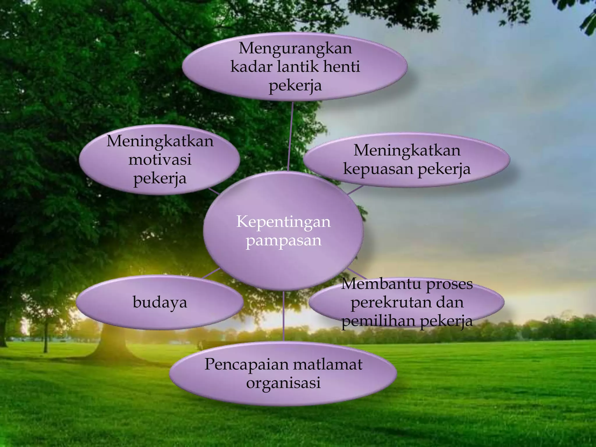 Kepentingan
pampasan
Mengurangkan
kadar lantik henti
pekerja
Meningkatkan
kepuasan pekerja
Membantu proses
perekrutan dan
pemilihan pekerja
Pencapaian matlamat
organisasi
budaya
Meningkatkan
motivasi
pekerja
 