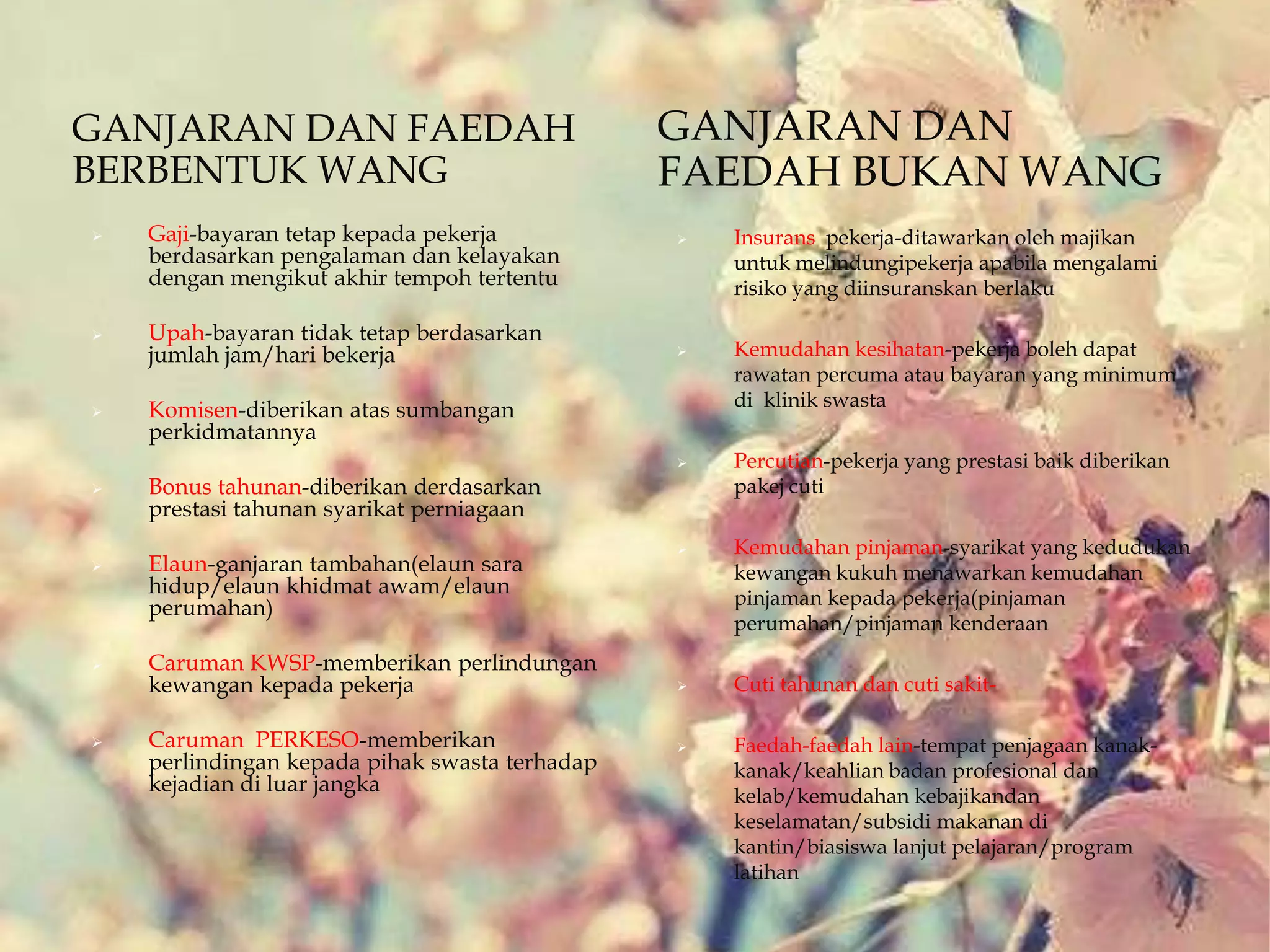 GANJARAN DAN FAEDAH
BERBENTUK WANG
GANJARAN DAN
FAEDAH BUKAN WANG
 Gaji-bayaran tetap kepada pekerja
berdasarkan pengalaman dan kelayakan
dengan mengikut akhir tempoh tertentu
 Upah-bayaran tidak tetap berdasarkan
jumlah jam/hari bekerja
 Komisen-diberikan atas sumbangan
perkidmatannya
 Bonus tahunan-diberikan derdasarkan
prestasi tahunan syarikat perniagaan
 Elaun-ganjaran tambahan(elaun sara
hidup/elaun khidmat awam/elaun
perumahan)
 Caruman KWSP-memberikan perlindungan
kewangan kepada pekerja
 Caruman PERKESO-memberikan
perlindingan kepada pihak swasta terhadap
kejadian di luar jangka
 Insurans pekerja-ditawarkan oleh majikan
untuk melindungipekerja apabila mengalami
risiko yang diinsuranskan berlaku
 Kemudahan kesihatan-pekerja boleh dapat
rawatan percuma atau bayaran yang minimum
di klinik swasta
 Percutian-pekerja yang prestasi baik diberikan
pakej cuti
 Kemudahan pinjaman-syarikat yang kedudukan
kewangan kukuh menawarkan kemudahan
pinjaman kepada pekerja(pinjaman
perumahan/pinjaman kenderaan
 Cuti tahunan dan cuti sakit-
 Faedah-faedah lain-tempat penjagaan kanak-
kanak/keahlian badan profesional dan
kelab/kemudahan kebajikandan
keselamatan/subsidi makanan di
kantin/biasiswa lanjut pelajaran/program
latihan
 