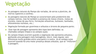 Vegetação
 As paisagens naturais do Pampa são variadas, de serras a planícies, de
morros rupestres a coxilhas;
 As paisagens naturais do Pampa se caracterizam pelo predomínio dos
campos nativos, mas há também a presença de matas ciliares, matas de
encosta, matas de pau-ferro, formações arbustivas, butiazais, banhados,
afloramentos rochosos, etc.;
 Vegetação formada por gramíneas e arbustos e árvores de pequeno porte;
 Esse tipo de paisagem apresenta dois tipos bem definidos: os
chamados campos limpos e os campos sujos;
 Os campos limpos ocorrem quando a vegetação não apresenta arbustos,
ganhando uma paisagem mais homogênea, isto é, mais regular, sem
diferenças muito grandes entre uma parte e a outra. Já os campos sujos
ocorrem quando há uma maior presença desses arbustos, que se “misturam”
à paisagem.
 