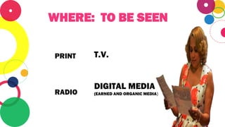 WHERE: TO BE SEEN
PRINT
RADIO
T.V.
DIGITAL MEDIA
(EARNED AND ORGANIC MEDIA)
 