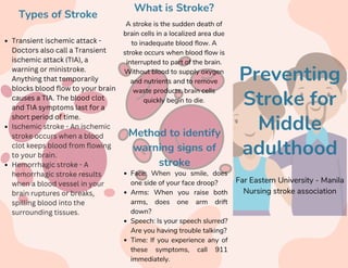 What is Stroke?
A stroke is the sudden death of
brain cells in a localized area due
to inadequate blood flow. A
stroke occurs when blood flow is
interrupted to part of the brain.
Without blood to supply oxygen
and nutrients and to remove
waste products, brain cells
quickly begin to die.
Preventing
Stroke for
Middle
adulthood
Method to identify
warning signs of
stroke
Face: When you smile, does
one side of your face droop?
Arms: When you raise both
arms, does one arm drift
down?
Speech: Is your speech slurred?
Are you having trouble talking?
Time: If you experience any of
these symptoms, call 911
immediately.
Far Eastern University - Manila
Nursing stroke association
Types of Stroke
Transient ischemic attack -
Doctors also call a Transient
ischemic attack (TIA), a
warning or ministroke.
Anything that temporarily
blocks blood flow to your brain
causes a TIA. The blood clot
and TIA symptoms last for a
short period of time.
Ischemic stroke - An ischemic
stroke occurs when a blood
clot keeps blood from flowing
to your brain.
Hemorrhagic stroke - A
hemorrhagic stroke results
when a blood vessel in your
brain ruptures or breaks,
spilling blood into the
surrounding tissues.
 