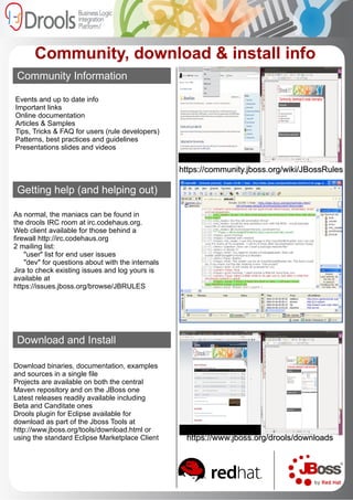 detected and the events' temporal relationships rule   "Acknowledgement Failure"   when $req  : BuyReq() not BuyAck( this after[15s]  $req  ) then channel[ "alerts" ].send( new Alert(  $req  ) ); end rule   "Buy More Stock”   when TradingWindow( status == OPEN ) Accumulate(  $t  : Ticker( name ==  “RHT” ) over window:time(4m), $avg  : avg(  $t .price ) ) eval(  $avg  > 100 ) then channel[ "buy channel" ].send( new BuyReq(  "RHT"  ) ); end   rule   "Check age"   when $a  : Applicant( age < 18 ) then modify(  $a  ) { valid = false } end Features Made up of discrete rules, each of them  