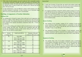  If the value of earth resistance can not be achieved with a reasonable number
of electrodes connected in parallel, the earth surrounding the electrodes shall
be chemically treated. The earth electrode shall be surrounded in an earth-pit
by alternate layers of finely divided coke, crushed coal or charcoal and salt at
least 150 mm all round.
 In high embankments, it may be difficult to achieve earth resistance even after
chemical treatment of electrodes. In those locations, use of electrodes longer
than 4 m so as to reach the parent soil is recommended.
Earthing Arrangement at Traction Substation
Earthing Grid.
 An earthing grid is formed by means of bare mild steel rod of appropriate size
buried at a depth of about 600-mm below the ground level and connected to
earth electrodes. The connection between the earth electrode and the grid shall
be by means of two separate and distinct connections made with 75 mm x 8
mm MS flat.
 The size of the earthing grid conductor shall be decided based on the incoming
system voltage and fault level. The fault level considered shall take into
account the anticipated increase in fault current during the life span of the
station. The size shall be as given below:
Sr. System
Voltage (kV)
Fault Level (MVA) Diameter of the grid
conductor (MS rod) in mm
1 66 Upto 4000
Above 4000 upto 5000
Above 5000 upto 6000
32
36
40
2 110 Upto 6000
Above 6000 upto 8000
Above 8000 upto 10000
32
36
40
3 132 Upto 7000
Above 7000 upto 10000
32
36
4 220 Upto 12000
Above 12000 upto 16000
Above 16000 upto 20000
32
36
40
System Earthing.
 One terminal of the secondary winding (25 kV winding) of each traction
power transformer shall be earthed directly by connecting it to the earthing
grid by means of one 75 mm x 8 mm MS flat, and to the buried rail by means
of another 75 mm x 8 mm MS flat.
 One designated terminal of the secondary of each potential, current and
auxiliary transformer shall be connected to the earthing grid by means of two
separate and distinct earth connections made with 50 mm x 6mm MS flat.
9
10
Equipment Earthing.
 The metallic frame work of all outdoor equipments such as transformers,
circuit breakers, Interrupters and Isolators, as well as steel structures shall be
connected to the earthing grid by means of two separate and distinct
connections made with MS flat of size as indicated below; one connection
shall be made with the nearest longitudinal conductor, while the other shall be
made to the nearest transverse conductor of the grid:
Buried Rail
 A steel rail of section 52 kg/m (the one used for the railway track) and
length about 13 m shall be buried near the track at the traction substation at
a depth of about one metre to form part of the earthing system.
 Two separate and distinct connections shall be made by means of 75 mm x
8 mm MS flat between the earthing grid and the buried rail. The buried rail
shall also be connected by means of two separate and distinct connections
made of 75 mm x 8 mm MS flat to the rail(s) in a single-rail track circuited
section and to the neutral point(s) of the impedance bond(s) in a double-rail
track circulated section.
 