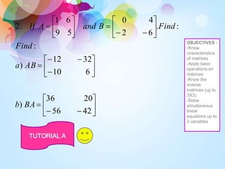 


































42
56
20
36
)
6
10
32
12
)
:
:
.
6
2
4
0
5
9
6
1
.
2
BA
b
AB
a
Find
Find
B
and
A
If
TUTORIAL A
OBJECTIVES :
-Know
characteristics
of matrices
-Apply basic
operations on
matrices
-Know the
inverse
matrices (up to
3X3)
-Solve
simultaneous
linear
equations up to
3 variables
 