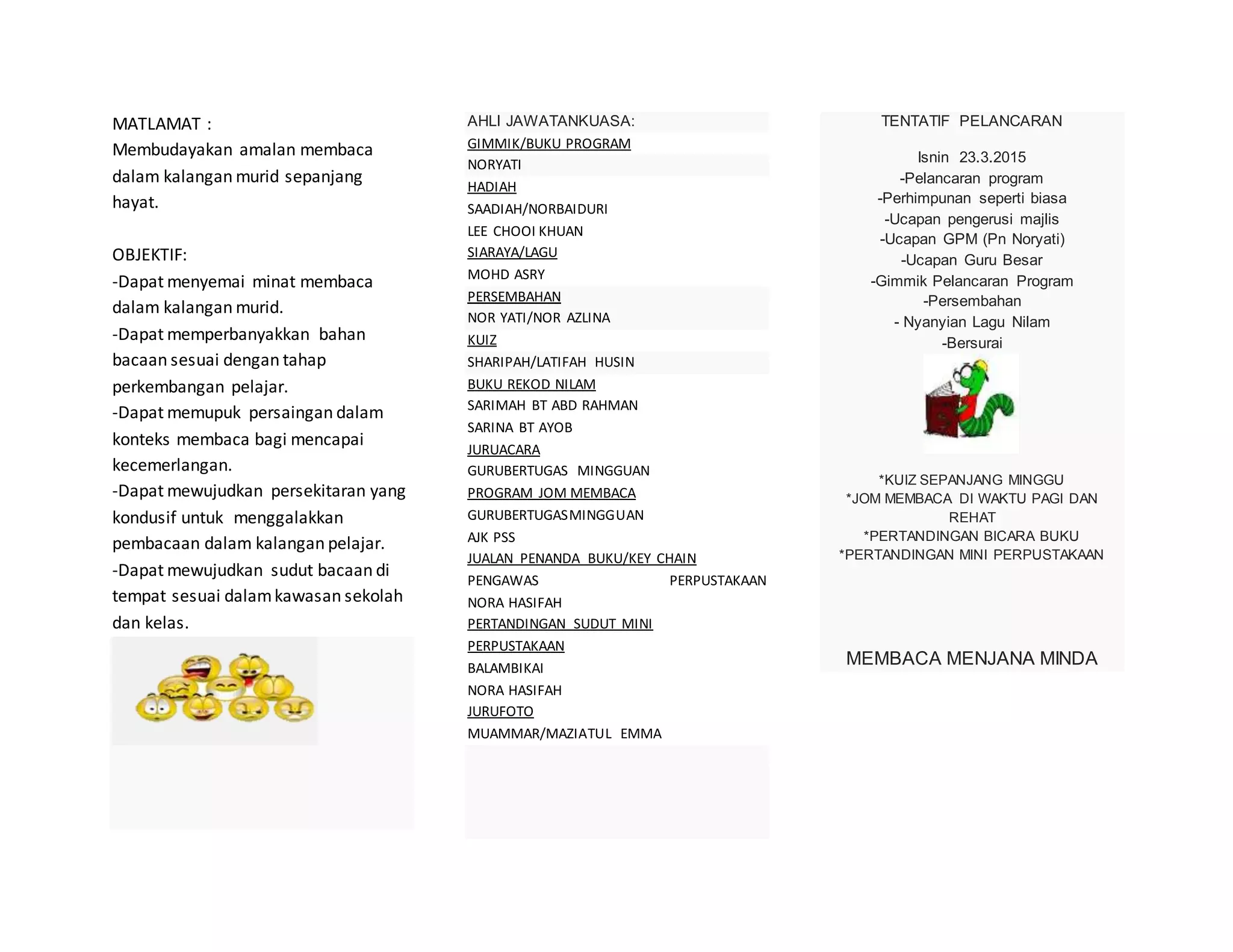 MATLAMAT :
Membudayakan amalan membaca
dalam kalangan murid sepanjang
hayat.
OBJEKTIF:
-Dapat menyemai minat membaca
dalam kalangan murid.
-Dapat memperbanyakkan bahan
bacaan sesuai dengan tahap
perkembangan pelajar.
-Dapat memupuk persaingan dalam
konteks membaca bagi mencapai
kecemerlangan.
-Dapat mewujudkan persekitaran yang
kondusif untuk menggalakkan
pembacaan dalam kalangan pelajar.
-Dapat mewujudkan sudut bacaan di
tempat sesuai dalamkawasan sekolah
dan kelas.
AHLI JAWATANKUASA:
GIMMIK/BUKU PROGRAM
NORYATI
HADIAH
SAADIAH/NORBAIDURI
LEE CHOOI KHUAN
SIARAYA/LAGU
MOHD ASRY
PERSEMBAHAN
NOR YATI/NOR AZLINA
KUIZ
SHARIPAH/LATIFAH HUSIN
BUKU REKOD NILAM
SARIMAH BT ABD RAHMAN
SARINA BT AYOB
JURUACARA
GURUBERTUGAS MINGGUAN
PROGRAM JOM MEMBACA
GURUBERTUGASMINGGUAN
AJK PSS
JUALAN PENANDA BUKU/KEY CHAIN
PENGAWAS PERPUSTAKAAN
NORA HASIFAH
PERTANDINGAN SUDUT MINI
PERPUSTAKAAN
BALAMBIKAI
NORA HASIFAH
JURUFOTO
MUAMMAR/MAZIATUL EMMA
TENTATIF PELANCARAN
Isnin 23.3.2015
-Pelancaran program
-Perhimpunan seperti biasa
-Ucapan pengerusi majlis
-Ucapan GPM (Pn Noryati)
-Ucapan Guru Besar
-Gimmik Pelancaran Program
-Persembahan
- Nyanyian Lagu Nilam
-Bersurai
*KUIZ SEPANJANG MINGGU
*JOM MEMBACA DI WAKTU PAGI DAN
REHAT
*PERTANDINGAN BICARA BUKU
*PERTANDINGAN MINI PERPUSTAKAAN
MEMBACA MENJANA MINDA