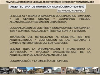 PAMPLONA PATRIMONIO URBANO-ARQUITECTÓNICO HEREDADO Y TRANSFORMADOPATRIMONIO HEREDADOUSO Y DISTRIBUCIÓN ESPACIALZAGUÁN. PATIO DE MENORES PROPORCIONES –  CUBIERTO POR MARQUESINAS DE VIDRIO.TIPOLOGÍAS EN L, C Y O CORREDOR PERIMETRAL AL PATIO BAÑO TÉCNICAS CONSTRUCTIVAS Y MATERIALESCIMENTACIÓN CICLÓPEA PISOS EN BALDOSÍN DE CEMENTO MUROS EN ADOBE Ó LADRILLO COCIDO ENTREPISOS EN MADERA  ARMADURA DE CUBIERTAS = MADERA CIELORRASOS EN LATÓN TEJA DE BARRO 