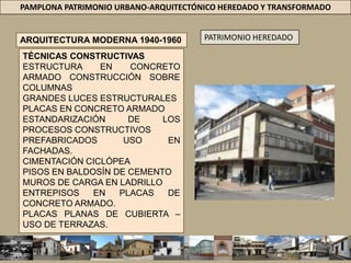 PAMPLONA PATRIMONIO URBANO-ARQUITECTÓNICO HEREDADO Y TRANSFORMADOPATRIMONIO HEREDADOARQUITECTURA MODERNA 1940-1960CARACTERISTICASRESPUESTA A LA GRAN DEMANDA DE VIVIENDA = ACELERADOS PROCESOS DE INDUSTRIALIZACIÓN Y URBANIZACIÓN = CONTINENTES DEL MUNDO.BASES CONCEPTUALES = RACIONALIDAD FUNCIONAL, ABSTRACCIÓN FORMAL Y GEOMETRÍA SIMPLE = PRIVILEGIA LA EFICIENCIA CONSTRUCTIVA 