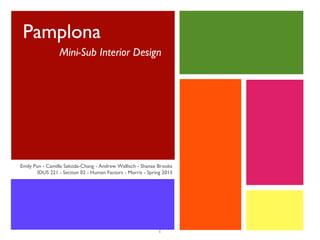 Pamplona
Mini-Sub Interior Design

Emily Pun - Camille Sakoda-Chang - Andrew Wallisch - Shanae Brooks
IDUS 221 - Section 02 - Human Factors - Morris - Spring 2013

1

 