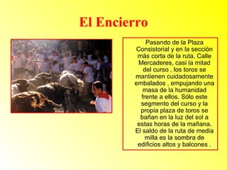El Encierro 
Pasando de la Plaza 
Consistorial y en la sección 
más corta de la ruta, Calle 
Mercaderes, casi la mitad 
del curso , los toros se 
mantienen cuidadosamente 
embalados , empujando una 
masa de la humanidad 
frente a ellos. Sólo este 
segmento del curso y la 
propia plaza de toros se 
bañan en la luz del sol a 
estas horas de la mañana. 
El saldo de la ruta de media 
milla es la sombra de 
edificios altos y balcones . 
 