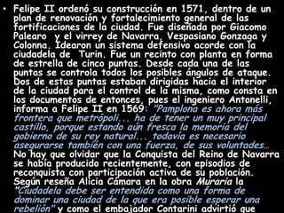 Felipe II ordenó su construcción en 1571, dentro de un plan de renovación y fortalecimiento general de las fortificaciones de la ciudad. Fue diseñada por Giacomo Palearo  y el virrey de Navarra, Vespasiano Gonzaga y Colonna. Idearon un sistema defensivo acorde con la ciudadela de  Turin. Fue un recinto con planta en forma de estrella de cinco puntas. Desde cada una de las puntas se controla todos los posibles ángulos de ataque. Dos de estas puntas estaban dirigidas hacia el interior de la ciudad para el control de la misma, como consta en los documentos de entonces, pues el ingeniero Antonelli, informa a Felipe II en 1569: "Pamplona es ahora más frontera que metrópoli... ha de tener un muy principal castillo, porque estando aún fresca la memoria del gobierno de su rey natural... todavía es necesario asegurarse también con una fuerza, de sus voluntades…No hay que olvidar que la Conquista del Reino de Navarra se había producido recientemente, con episodios de reconquista con participación activa de su población. Según reseña Alicia Cámara en la obra Muraria la "Ciudadela debe ser entendida como una forma de dominar una ciudad de la que era posible esperar una rebelión"y como el embajador Contarini advirtió que"todos los de este reino tienen odio a los españoles y desean que vuelva su rey natural Juan de Albret".Plano de la ciudadela en 1845