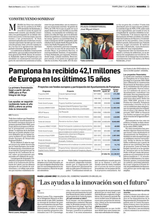 Diario de Navarra Jueves, 7 de marzo de 2013 NAVARRA 33
PAMPLONA Y LA CUENCA
M
IRABA las fotos tan entraña-
bles de los políticos de PSN y
UPNalrededordeRubalcaba,y
recordé el cuento de aquel ciu-
dadano todo corazón, que atendía conmo-
vido a los participantes de un debate elec-
toralcaraaacara,lodostanmajos,tanson-
rientes y tan prometedores. Al final,
mientrasaplaudíaanteeltelevisor,elemo-
cionadoespectadordecidióquelesvotaría
alosdosporque,total,aélnolecostabana-
da y los dos se lo agradecerían. Qué bien
portadoelhombre.Quégranelector.
LaconferenciasetitulabaConstruyendo
alternativa,queeseloficioactualdelsecre-
tario general del PSOE. Bueno; de momen-
to, Rubalcaba logró en Pamplona que a su
alrededor se construyeran sonrisas por
parte de casi todos los asistentes al mitin,
entre los que destacaban -por su número y
por sus numerosas sonrisas- las gentes de
PSN y de UPN. Por lo que se pudo ver en el
papel,debiódeserunacitafelizenunafeliz
mañana, con bandadas de cardelinas can-
tandoalaorilladelArga,queesladelhotel.
Hastalosapetitososcruasanessonreíanen
las mesas, ajenos a su inmediato final, du-
rante el desayuno del 80 cumpleaños (¡feli-
cidades!)delaantañoRadioRequetédeNa-
varra,hoyRadioPamplonadelaSer.
Juntosysonrientes,parecíancompañe-
ros de curso en una cita de aniversario. El
alcalde Maya, la presidenta Barcina, el
exvicepresidente Jiménez, el expresiden-
teSanz;Rubalcaba,porsupuesto,Felones,
desde luego, Catalán también, Moscoso,
pero menos. A ver quien es el guapo que
sale feo en la foto. Pues nadie. El 5 de mar-
zo fue un gran día, sí señor. Y hubo tela
abundante para la especulación política.
La nutrida tropa de PSN y UPN, sobre todo
de los regionalistas, que acudió al acto; la
complicidad de sonrisas exhibidas en tor-
no a Rubalcaba. Y de manera especial, el
llamamientodellídersocialistaalaestabi-
lidaddelGobiernodeNavarrayelentendi-
miento de los dos partidos, como si nada
hubierapasado,llamamientoqueYolanda
Barcina acogió encantada de haberse
acercado a Rubalcaba, cuyas declaracio-
nescalificóde‘muyresponsables‘.
Seguramente todo era buenismo de vi-
sitante y cortesía de anfitriones, en un de-
sayunodecumpleañosalaveradelrío.Pe-
rosidentrodeuntiempohayreencuentro,
recordaremos este 5 de marzo y de Pérez
Rubalcaba.¿Ono?
Todos contentos. J.A.GOÑI
PLAZA CONSISTORIAL
José Miguel Iriberri
‘CONSTRUYENDOSONRISAS´
A.O. Pamplona
Todo hace indicar que Pamplona
podrá seguir beneficiándose de
los fondos europeos durante el
próximoperiodo2014-2020,para
elqueahorasepreparaenBruse-
las el presupuesto correspon-
diente. A expensas de la decisión
final que se pueda adoptar sí pa-
rece definitivo que la capital na-
varra recibirá el 5 por ciento del
Fondo Europeo de Desarrollo
Regional(Feder).
En los últimos 15 años la capi-
tal navarra ha salido favorecida
por la Unión Europea y ha recibi-
do financiación comunitaria pa-
ra un total de 13 proyectos por un
importe de 42,1 millones de eu-
ros, sobre un presupuesto que
ascendíaa67millonesdeeuros.
LosparquesdeAranzadiyTri-
nitariosyelproyectoFortiuscen-
trado en la restauración del ba-
luarte de Labrit, son los últimos
ejemplos de ese listado de sub-
venciones, y el reflejo más próxi-
mo que muchos ciudadanos tie-
que hasta el año 2020 todavía va-
mosarecibirayudas”,señalaba.
Los proyectos financiados
La ayuda más cuantiosa recibida
por Pamplona de la Unión Euro-
peallegóenelperiodo2001-2006
para cofinanciar la construcción
delascensordeDescalzosyparte
de la rehabilitación del palacio
del Condestable. Fueron enton-
ces 11,5 millones de euros y el
Ayuntamiento contribuyó con
otrotanto.Perolasprimerassub-
venciones habían llegado a la ca-
pital unos años antes. Entre los
años 1996-1999, gracias a los
Fondos de Cohesión, Pamplona
comenzaba a invertir en su río
conunambiciosoplanintegralq
querecuperabaparalosciudada-
nos el cauce y las riberas. En el
periodo 1997-2000 se financió
con fondos europeos una parte
delacreacióndelaAgenciaEner-
gética.
Nuevamente los ríos, esta vez
elElorzyelSadar,seibanabene-
ficiar de las ayudas europeas en-
trelosaños2000y2006.
En estos momentos hay pen-
dientes algunas financiaciones
que tienen como destinatario el
Ayuntamiento de Pamplona, y
tambiénseestáalaesperadeque
se publiquen nuevas convocato-
rias. Desde la oficina de Pablo
Zalba confirman que a partir de
ahora se van a priorizar otro tipo
de proyectos, como el Fondo de
Empleo Juvenil ya se ha aproba-
do, mientras que en los fondos
Feder el 80 por ciento del presu-
puestosevaaconcentraren4ob-
jetivos temáticos: I + D, tecnolo-
gías de la información y la comu-
nicación,pymes,yeconomíabaja
en carbono: prioridad absoluta.
En lo que respecta al Fondo So-
cial,lasposibilidadesdefinancia-
ción parece que serán algo más
amplias.
La primera financiación
llegó a partir del año
1996 para el Plan
Integral del Arga
Las ayudas se seguirán
recibiendo hasta el año
2020 y ahora se prima
más la innovación
Pamplonaharecibido42,1millones
deEuropaenlosúltimos15años
A.O.
Pamplona
María Lozano Úriz, responsable
de la Delegación Navarra en Bru-
selas desde el año 2001, también
se encarga de localizar las posi-
blesconvocatoriasalasquePam-
plona puede concurrir, aunque
últimamente su labor se centra
más en aquellos proyectos rela-
cionados con I+D+i (investiga-
ción, desarrollo e innovación),
porquesonprecisamentelosque
más financiación están recibien-
doporpartedelaUniónEuropea.
¿En qué consiste su labor?
Yo la resumo con dos palabras:
anticipaciónycontactos.Hayque
estar en Bruselas porque si no te
quedas fuera de juego. Aquí hay
250 oficinas regionales de toda
Europa y nosotros no podemos
no estar. Y en estos momentos
hayunapartedeesepresupuesto
general que no viene dado, y que
estádestinadoaregionescompe-
titivas.EnelanteriorperiodoNa-
varra recibió unos 18 millones de
euros para proyectos de innova-
ción y ahora se ha incrementado
a50.Sonelfuturo.
¿Nota la crisis?
Principalmente en que recibi-
mos desde hace unos meses mu-
chasmássolicitudesdetrabajo.
Su oficina que también ha sufrido
recortes.
Antes teníamos una oficina al-
quilada y desde diciembre esta-
mos en las dependencias de la
Representación Permanente Es-
pañola ante la Unión Europea.
Antes éramos cinco (un técnico
de la Agencia Navarra de Innova-
ción, 2 becarias y una secretaria)
y ahora estamos la secretaria y
yo.
María Lozano, delegada. ARCHIVO
MARÍA LOZANO ÚRIZ DELEGADA DEL GOBIERNO NAVARRO EN BRUSELAS
“Lasayudasalainnovaciónsonelfuturo”
nen de las decisiones que se
adoptanenlaUniónEuropea,pe-
seaqueelobjetivofinaltienemás
queverconlabúsquedadelauni-
dad económica y fiscal de los paí-
sesmiembros.
Pablo Zalba, europarlamenta-
rio navarro, aseguraba reciente-
mente que la negociación del
marco financiero plurianual ha
sidounéxitoparaelGobiernoes-
pañol. “Continuamos siendo un
país beneficiario cuando parecía
que ya no íbamos a serlo por
nuestro nivel de renta y también
por el acceso de nuevos socios
procedentes de los países del Es-
te al proyecto comunitario. Así
 