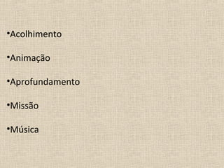 •Acolhimento

•Animação

•Aprofundamento

•Missão

•Música
 