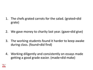 1. The chefs grated carrots for the salad. (grated=did
   grate)

2. We gave money to charity last year. (gave=did give)

3. The working students found it harder to keep awake
   during class. (found=did find)

4. Working diligently and consistently on essays made
   getting a good grade easier. (made=did make)
 