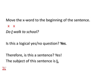 Move the x-word to the beginning of the sentence.
 x x
Do I walk to school?

Is this a logical yes/no question? Yes.

Therefore, is this a sentence? Yes!
The subject of this sentence is I.
 