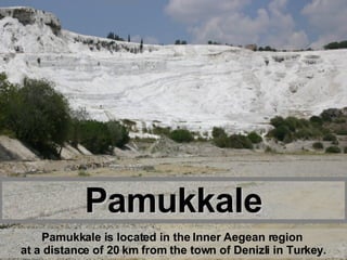 Pamukkale Pamukkale is located in the Inner Aegean region  at a distance of 20 km from the town of Denizli in Turkey . 
