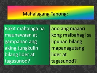 Mahalagang Tanong:
Bakit mahalaga na
maunawaan at
gampanan ang
aking tungkulin
bilang lider at
tagasunod?
ano ang maaari
kong maibahagi sa
lipunan bilang
mapanagutang
lider at
tagasunod?
 