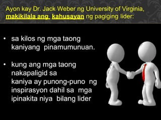 Ayon kay Dr. Jack Weber ng University of Virginia,
makikilala ang kahusayan ng pagiging lider:
• sa kilos ng mga taong
kaniyang pinamumunuan.
• kung ang mga taong
nakapaligid sa
kaniya ay punong-puno ng
inspirasyon dahil sa mga
ipinakita niya bilang lider
 