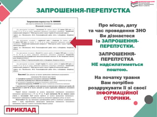 ЗАПРОШЕННЯ-ПЕРЕПУСТКА
Про місце, дату
та час проведення ЗНО
Ви дізнаєтеся
із ЗАПРОШЕННЯ-
ПЕРЕПУСТКИ.
ЗАПРОШЕННЯ-
ПЕРЕПУСТКА
НЕ надсилатиметься
поштою.
На початку травня
Вам потрібно
роздрукувати її зі своєї
ІНФОРМАЦІЙНОЇ
СТОРІНКИ.
ПРИКЛАД
 