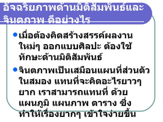 อัจฉริยภาพด้านมิติสัมพันธ์และจินตภาพ ดีอย่างไร เมื่อต้องคิดสร้างสรรค์ผลงานใหม่ๆ ออกแบบศิลปะ ต้องใช้ทักษะด้านมิติสัมพันธ์ จินตภาพเป็นเสมือนแผนที่ส่วนตัวในสมอง แทนที่จะคิดอะไรยาวๆ ยาก เราสามารถแทนที่ ด้วยแผนภูมิ แผนภาพ ตาราง ซึ่งทำให้เรื่องยากๆ เข้าใจง่ายขึ้น  