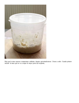 Deje que la masa reposar a temperatura ambiente durante aproximadamente 2 horas a subir. Cuando primero
mezclar la masa que no va a ocupar la mayor parte del recipiente.
 