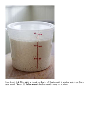 Pero, después de la 2 hora inicial se elevará casi llenarlo. (Si ha disminuido la levadura tendrás que dejarlo
pasar más de 2 horas.) NO Golpee la masa! Simplemente deja reposar por sí mismo.
 