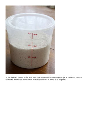Al día siguiente, cuando se tire de la masa de la nevera que se dará cuenta de que ha colapsado y esto es
totalmente normal que nuestra masa. Nunca se levantará de nuevo en el recipiente.
 