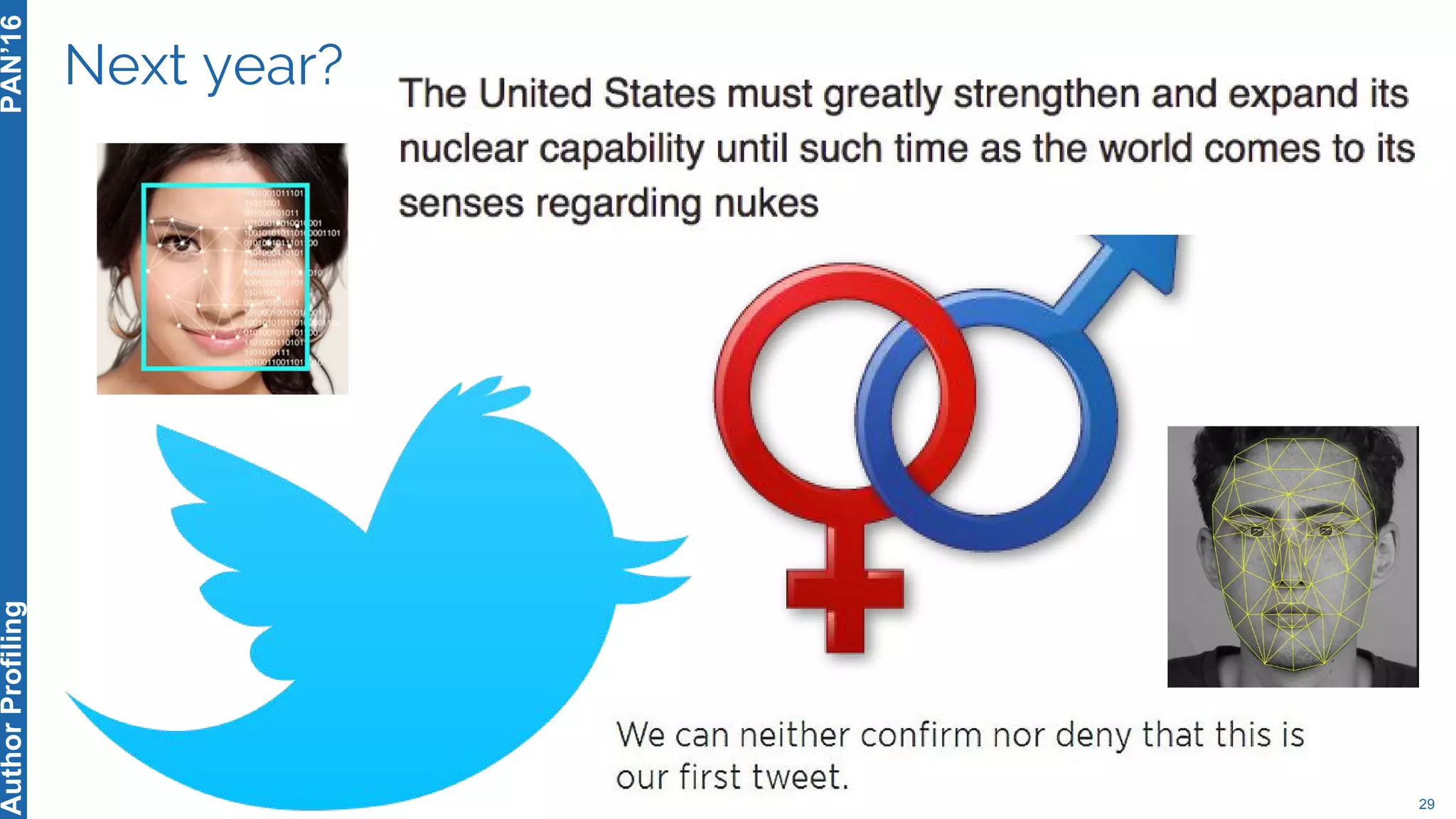 Next year?
29
PAN’16AuthorProfiling
 