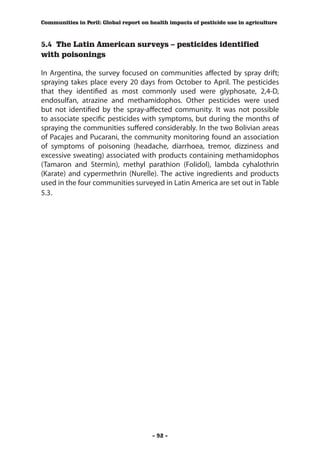Communities in Peril: Global report on health impacts of pesticide use in agriculture



5.4 The Latin American surveys – pesticides identified
with poisonings

In Argentina, the survey focused on communities affected by spray drift;
spraying takes place every 20 days from October to April. The pesticides
that they identified as most commonly used were glyphosate, 2,4-D,
endosulfan, atrazine and methamidophos. Other pesticides were used
but not identified by the spray-affected community. It was not possible
to associate specific pesticides with symptoms, but during the months of
spraying the communities suffered considerably. In the two Bolivian areas
of Pacajes and Pucarani, the community monitoring found an association
of symptoms of poisoning (headache, diarrhoea, tremor, dizziness and
excessive sweating) associated with products containing methamidophos
(Tamaron and Stermin), methyl parathion (Folidol), lambda cyhalothrin
(Karate) and cypermethrin (Nurelle). The active ingredients and products
used in the four communities surveyed in Latin America are set out in Table
5.3.




                                        - 92 -
 