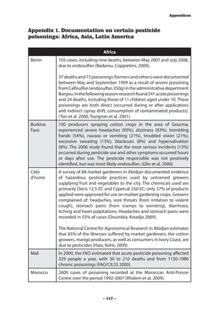 Appendices



Appendix 1. Documentation on certain pesticide
poisonings: Africa, Asia, Latin America

                                  Africa
Benin      105 cases, including nine deaths, between May 2007 and July 2008,
           due to endosulfan (Badarou, Coppieters, 2009).

           37 deaths and 73 poisonings (farmers and others) were documented
           between May and September 1999 as a result of severe poisoning
           from Callisulfan (endosulfan 350g) in the administrative department
           Borgou. In the following season research found 241 acute poisonings
           and 24 deaths, including those of 11 children aged under 10. These
           poisonings are both direct (occurred during or after application)
           and indirect (spray drift, consumption of contaminated products).
           (Ton et al. 2000, Tovignan et al. 2001)
Burkina    100 producers spraying cotton crops in the area of Gourma,
Faso       experienced severe headaches (92%), dizziness (83%), trembling
           hands (54%), nausea or vomiting (21%), troubled vision (21%),
           excessive sweating (13%), blackouts (8%) and hypersalivation
           (8%). The 2006 study found that the most serious incidents (13%)
           occurred during pesticide use and other symptoms occurred hours
           or days after use. The pesticide responsible was not positively
           identified, but was most likely endosulfan. (Glin et al. 2006)
Côte       A survey of 88 market gardeners in Abidjan documented evidence
d’Ivoire   of hazardous pesticide practices used by untrained growers
           supplying fruit and vegetables to the city. The chemicals used are
           primarily Décis 12.5 EC and Cypercal 250 EC; only 27% of products
           applied were approved for use on market gardening crops. Growers
           complained of: headaches, sore throats (from irritation to violent
           cough), stomach pains (from cramps to vomiting), diarrhoea,
           itching and heart palpitations. Headaches and stomach pains were
           recorded in 55% of cases (Doumbia, Kwadjo 2009).

           The National Centre for Agronomical Research in Abidjan estimates
           that 65% of the illnesses suffered by market gardeners, the cotton
           growers, mango producers, as well as consumers in Ivory Coast, are
           due to pesticides (Hala, Kehé, 2009).
Mali       In 2000, the FAO estimated that acute pesticide poisoning affected
           329 people a year, with 30 to 210 deaths and from 1150-1980
           chronic poisonings (FAO/CILSS 2000).
Morocco    2609 cases of poisoning recorded at the Moroccan Anti-Poison
           Centre over the period 1992-2007 (Rhalem et al. 2009).



                                 - 117 -
 