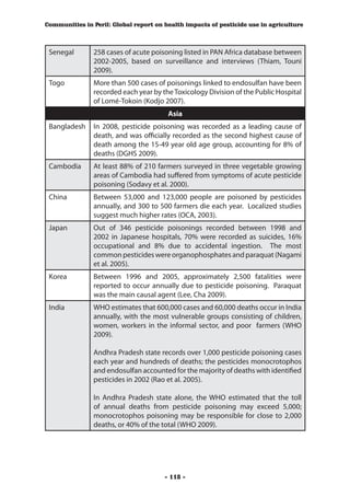 Communities in Peril: Global report on health impacts of pesticide use in agriculture



 Senegal       258 cases of acute poisoning listed in PAN Africa database between
               2002-2005, based on surveillance and interviews (Thiam, Touni
               2009).
 Togo          More than 500 cases of poisonings linked to endosulfan have been
               recorded each year by the Toxicology Division of the Public Hospital
               of Lomé-Tokoin (Kodjo 2007).
                                        Asia
 Bangladesh    In 2008, pesticide poisoning was recorded as a leading cause of
               death, and was officially recorded as the second highest cause of
               death among the 15-49 year old age group, accounting for 8% of
               deaths (DGHS 2009).
 Cambodia      At least 88% of 210 farmers surveyed in three vegetable growing
               areas of Cambodia had suffered from symptoms of acute pesticide
               poisoning (Sodavy et al. 2000).
 China         Between 53,000 and 123,000 people are poisoned by pesticides
               annually, and 300 to 500 farmers die each year. Localized studies
               suggest much higher rates (OCA, 2003).
 Japan         Out of 346 pesticide poisonings recorded between 1998 and
               2002 in Japanese hospitals, 70% were recorded as suicides, 16%
               occupational and 8% due to accidental ingestion. The most
               common pesticides were organophosphates and paraquat (Nagami
               et al. 2005).
 Korea         Between 1996 and 2005, approximately 2,500 fatalities were
               reported to occur annually due to pesticide poisoning. Paraquat
               was the main causal agent (Lee, Cha 2009).
 India         WHO estimates that 600,000 cases and 60,000 deaths occur in India
               annually, with the most vulnerable groups consisting of children,
               women, workers in the informal sector, and poor farmers (WHO
               2009).

               Andhra Pradesh state records over 1,000 pesticide poisoning cases
               each year and hundreds of deaths; the pesticides monocrotophos
               and endosulfan accounted for the majority of deaths with identified
               pesticides in 2002 (Rao et al. 2005).

               In Andhra Pradesh state alone, the WHO estimated that the toll
               of annual deaths from pesticide poisoning may exceed 5,000;
               monocrotophos poisoning may be responsible for close to 2,000
               deaths, or 40% of the total (WHO 2009).




                                       - 118 -
 