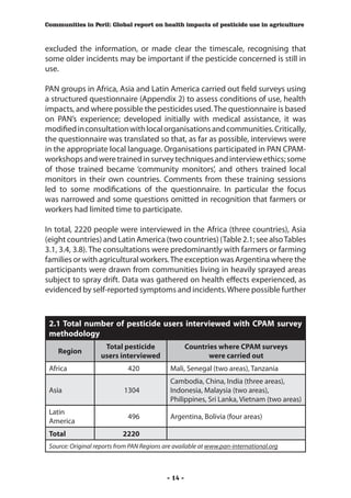 Communities in Peril: Global report on health impacts of pesticide use in agriculture



excluded the information, or made clear the timescale, recognising that
some older incidents may be important if the pesticide concerned is still in
use.

PAN groups in Africa, Asia and Latin America carried out field surveys using
a structured questionnaire (Appendix 2) to assess conditions of use, health
impacts, and where possible the pesticides used. The questionnaire is based
on PAN’s experience; developed initially with medical assistance, it was
modified in consultation with local organisations and communities. Critically,
the questionnaire was translated so that, as far as possible, interviews were
in the appropriate local language. Organisations participated in PAN CPAM-
workshops and were trained in survey techniques and interview ethics; some
of those trained became ‘community monitors’, and others trained local
monitors in their own countries. Comments from these training sessions
led to some modifications of the questionnaire. In particular the focus
was narrowed and some questions omitted in recognition that farmers or
workers had limited time to participate.

In total, 2220 people were interviewed in the Africa (three countries), Asia
(eight countries) and Latin America (two countries) (Table 2.1; see also Tables
3.1, 3.4, 3.8). The consultations were predominantly with farmers or farming
families or with agricultural workers. The exception was Argentina where the
participants were drawn from communities living in heavily sprayed areas
subject to spray drift. Data was gathered on health effects experienced, as
evidenced by self-reported symptoms and incidents. Where possible further



 2.1 Total number of pesticide users interviewed with CPAM survey
 methodology
                     Total pesticide                 Countries where CPAM surveys
    Region
                    users interviewed                       were carried out
 Africa                      420             Mali, Senegal (two areas), Tanzania
                                             Cambodia, China, India (three areas),
 Asia                       1304             Indonesia, Malaysia (two areas),
                                             Philippines, Sri Lanka, Vietnam (two areas)
 Latin
                             496             Argentina, Bolivia (four areas)
 America
 Total                      2220
 Source: Original reports from PAN Regions are available at www.pan-international.org



                                            - 14 -
 