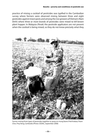 Results – poverty and conditions of pesticide use



practice of mixing a cocktail of pesticides was typified in the Cambodian
survey where farmers were observed mixing between three and eight
pesticides against insect pests and among the rice growers of Vietnam (Nam
Dinh) where three or more brands of pesticides were mixed to kill brown
plant hopper. In Malaysia (Perak) the pesticide applicators are not present
when the cocktail is being mixed, so they do not know precisely what they




Farmer mixing three types of pesticides together to spray on mung beans Prek Kraboa, Peam
Chor, Prey Veng, Cambodia (Photo: CEDAC, September 2008)



                                          - 35 -
 