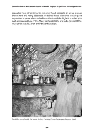 Communities in Peril: Global report on health impacts of pesticide use in agriculture



separated from other items. On the other hand, access to an actual storage
shed is rare, and many pesticides are stored inside the home. Locking and
separation is easier when a shed is available and the highest number with
such access was China (79%), Malaysia (Perak) (65%) and India (Kerala) (47%).
In all other sites less than a third had this option.




Pesticides stored inside the home, Andhra Pradesh. (Photo: Sahanivasa, October 2008)



                                           - 42 -
 