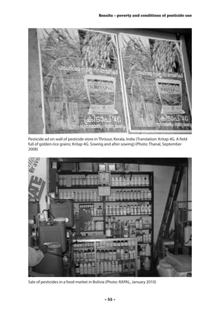 Results – poverty and conditions of pesticide use




Pesticide ad on wall of pesticide store in Thrissur, Kerala, India (Translation: Kritap 4G. A field
full of golden rice grains; Kritap 4G. Sowing and after sowing) (Photo: Thanal, September
2008)




Sale of pesticides in a food market in Bolivia (Photo: RAPAL, January 2010)



                                               - 55 -
 