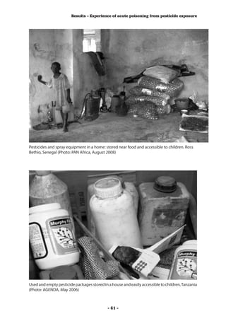 Results – Experience of acute poisoning from pesticide exposure




Pesticides and spray equipment in a home: stored near food and accessible to children. Ross
Bethio, Senegal (Photo: PAN Africa, August 2008)




Used and empty pesticide packages stored in a house and easily accessible to children, Tanzania
(Photo: AGENDA, May 2006)



                                            - 61 -
 