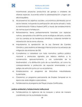 Plataforma 2012-2018
                                   Un México con futuro

       incentivando proyectos productivos de granjas o criaderos de
       diversas especies, buscando evitar la sobreexplotación y lograr con
       ello el equilibrio.
 36.   Alcanzaremos los objetivos sociales y económicos planteados por el
       sector forestal, incluyendo la participación del sector privado y toda
       la Administración Pública Federal (APF) a través del establecimiento
       de normas que lo fortalezcan.
 37.   Reforestaremos tierras preferentemente forestales con especies
       nativas, apropiadas a las distintas zonas ecológicas del país y acorde
       con los cambios en las tendencias climáticas, cuidando también la
       reforestación de las zonas urbanas.
 38.   Impulsaremos la aprobación de la Ley General de Cambio
       Climático, para reafirma el liderazgo internacional en los esfuerzos de
       mitigación de emisiones de GEI.
 39.   Cumpliremos a cabalidad con toda normativa, política pública
       nacional     y   protocolos    signados    por       México       relativos    a   la
       conservación,         aprovechamiento      y     uso     sustentable          de   la
       biodiversidad, y la distribución justa de sus beneficios, así como los
       correspondientes a protección de especies amenazadas y en
       peligro de extinción junto con sus ecosistemas.
 40.   Estableceremos         un   programa      de       Silvicultura    Industrializada
       Sustentable.
 41.   Crearemos un programa permanente de Empleo Temporal en la
       época de veda dirigido a pescadores.
 42.   Fortaleceremos el programa de Playas Limpias Certificadas.


Justicia ambiental y fortalecimiento institucional
 43.   Fortaleceremos la vigilancia de los bosques y selvas de manera
       coordinada con las autoridades locales.
                                     40
 