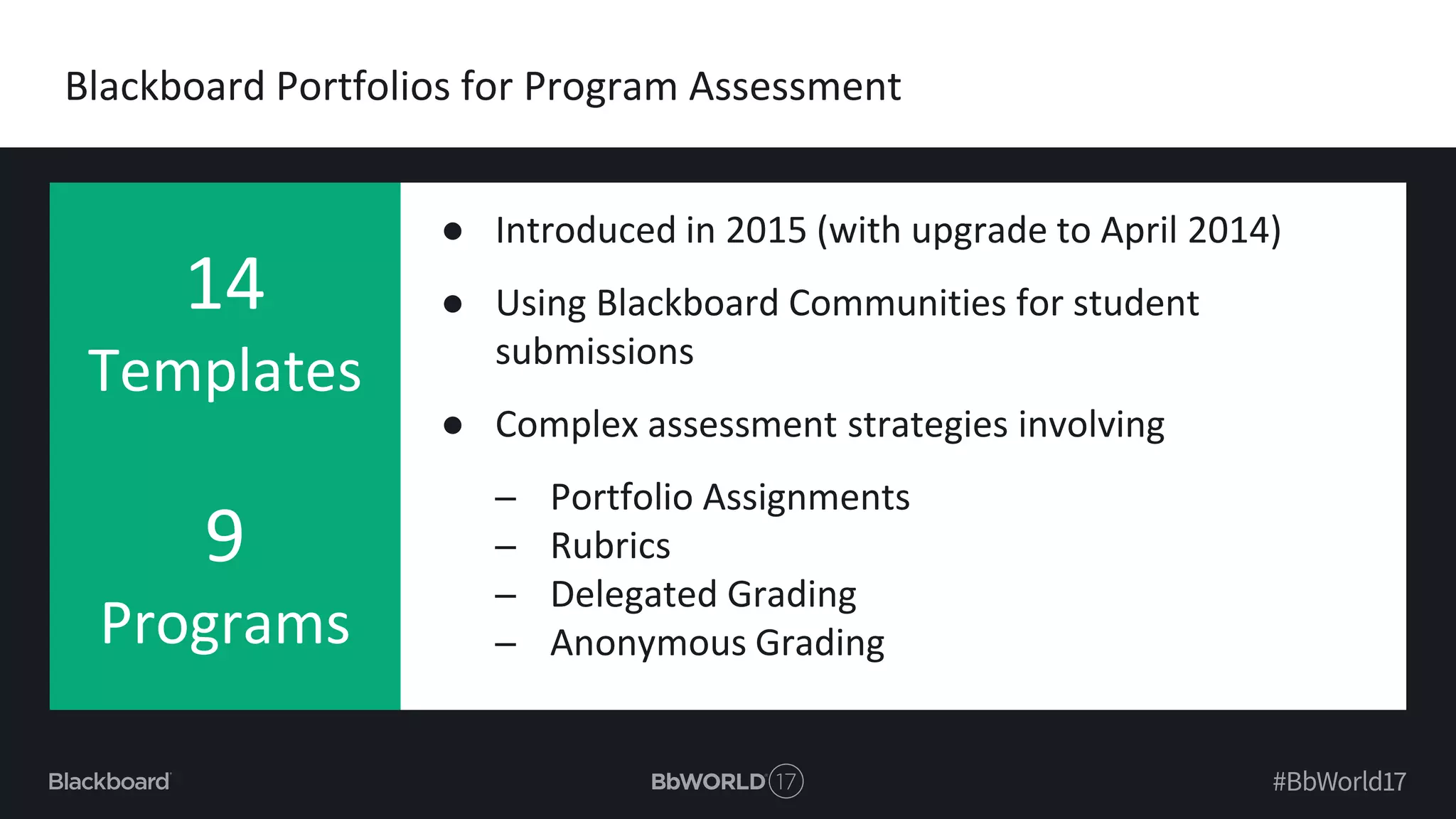Blackboard Portfolios for Program Assessment
● Introduced in 2015 (with upgrade to April 2014)
● Using Blackboard Communities for student
submissions
● Complex assessment strategies involving
─ Portfolio Assignments
─ Rubrics
─ Delegated Grading
─ Anonymous Grading
14
Templates
9
Programs
 