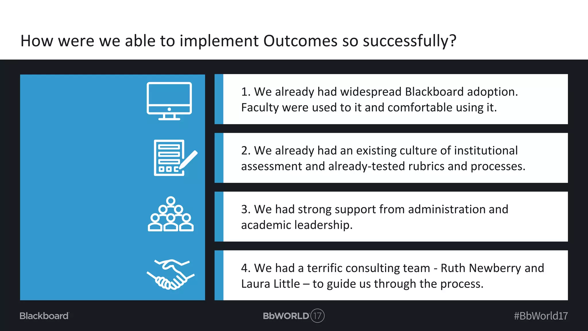How were we able to implement Outcomes so successfully?
1. We already had widespread Blackboard adoption.
Faculty were used to it and comfortable using it.
2. We already had an existing culture of institutional
assessment and already-tested rubrics and processes.
3. We had strong support from administration and
academic leadership.
4. We had a terrific consulting team - Ruth Newberry and
Laura Little – to guide us through the process.
 