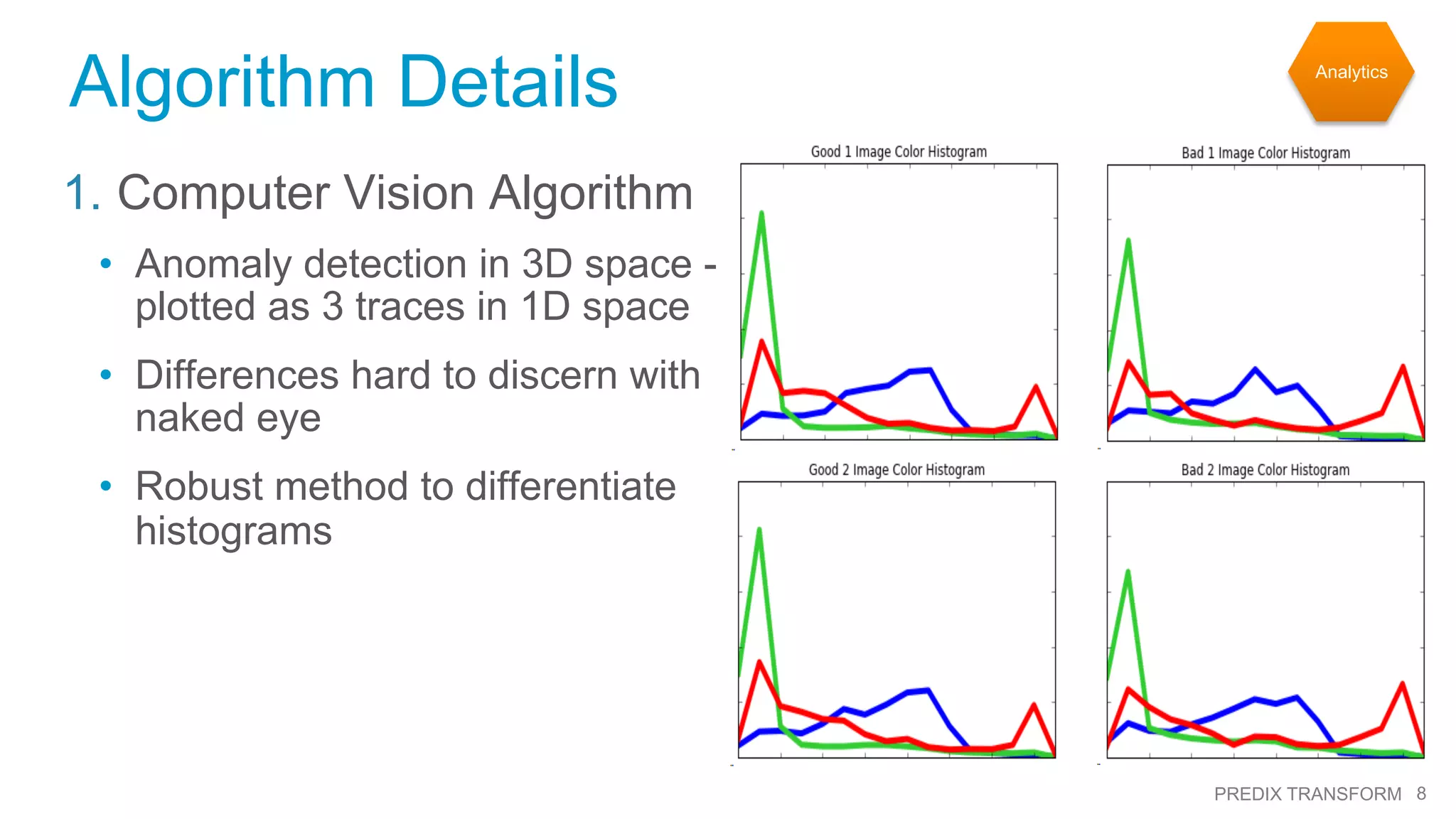 8PREDIX TRANSFORM
Algorithm Details
1.  Computer Vision Algorithm
•  Anomaly detection in 3D space -
plotted as 3 traces in 1D space
•  Differences hard to discern with
naked eye
•  Robust method to differentiate
histograms
Analytics
 