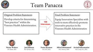 Team Panacea
Original Problem Statement:
Develop criteria for determining
“best practices” within the
Veterans Health Admi...