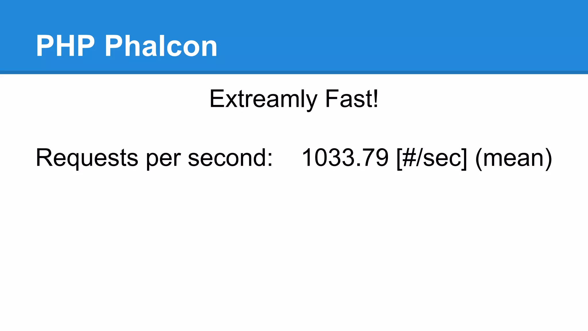 PHP Phalcon
Extreamly Fast!
Requests per second: 1033.79 [#/sec] (mean)
 
