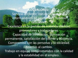 LOS VALORES:
     Servicio al cliente: con escucha Activa,
     informándolos de productos y hábitos
                     saludables.
  Excelencia en la gestión de nuestros clientes,
          proveedores y trabajadores.
      Capacidad de innovación, renovación
permanente, satisfacción del cliente y eficiencia.
  Compromiso con las personas y la sociedad.
                Abiertos al cambio.
Trabajo en equipo comprometidos con la calidad
          y la estabilidad en el empleo.
 