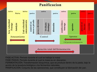 Panificacion
Activa
Pasiva
Activa
pasiva
activa
pasiva
activa
pasiva
activa
pasiva
1
era
velocidad
Frasage
Autolysis
2
nd
velocidad
amasamiento
control
en
masa
o
picado
peso
y
división
Ovillado
(boulage)
distensión
confección
o
tourage
aprestos
puesta
al
horno
cocción
Amasamiento Control Aprestos
2 Nd período de fermentación
duración total delfermentación
FASE ACTIVA: Período durante el cual se trabaja la masa
FASE PASIVA: Período durante el cual la masa es en descanso.
FERMENTACIÓN: Transformación bioquímica, que se produce dentro de la pasta, bajo la
acción de la levadura biológica o los fermentos naturales.
PANIFICACIÓN: Conjunto de las operaciones, que constituyen la fabricación del pan.
 